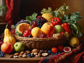 Festive cornucopia assortment with delicious foods, Seasonal harvest of berries and vegetables