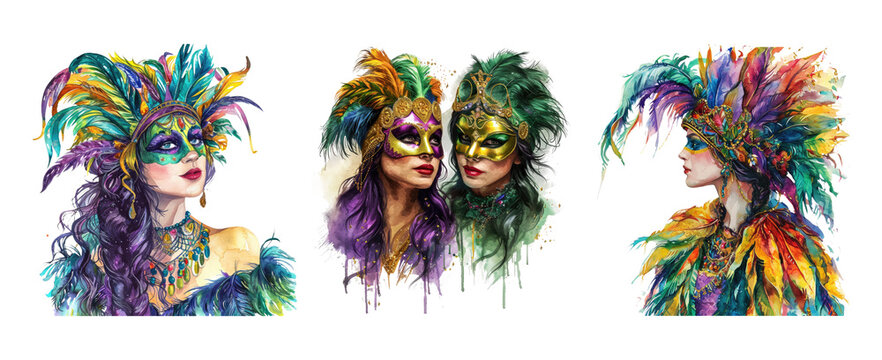 Watercolor Mardi Gras Girl. carnival mask