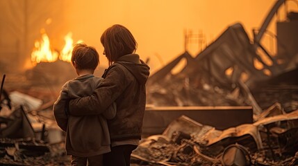 A mother and daughter amidst the backdrop of a war-ravaged city, seeking refuge. - obrazy, fototapety, plakaty