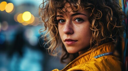 Curly-haired Caucasian woman in yellow jacket on urban street