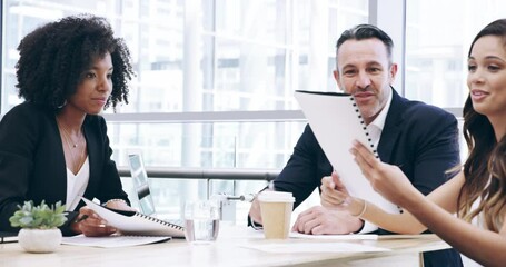 Group collaboration meeting, file and business people, advocate or lawyers review legal contract info. Law firm documents, team report and corporate attorney cooperation on policy development