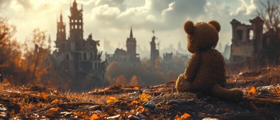 Teddy Bear Overlooking City Ruins - obrazy, fototapety, plakaty