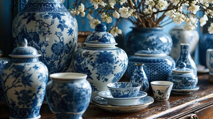Fototapeta na wymiar Blue and White Porcelain in Cabinet