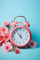 Alarm clock and  pink flowers on the blue background. A clock that chimes for an early riser.