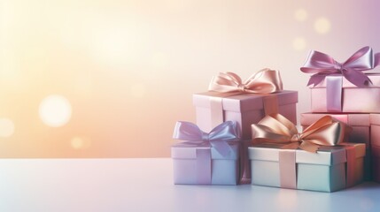 Presents standing on minimal background. Pastel colored boxes with bows banner 3D illustration