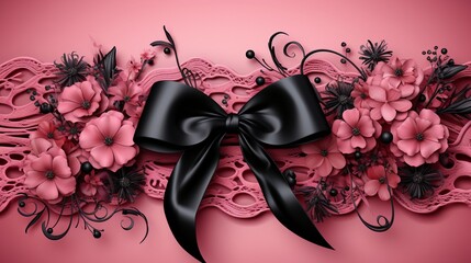 horizontal stripes of Lace and black ribbons on pink background.