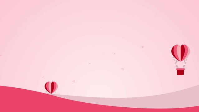 Floating heart shaped air balloons on a pink and red copy space background. Valentines day greeting card animation with flying heart particles