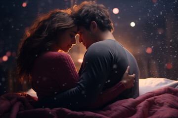 Loving couple hug each other on the bed, love story. Concept of love, relationship, Valentine's Day, emotions, lifestyle