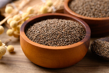 Perilla seed in wooden bowl, Healthy herbal seed ingredients in Asian food