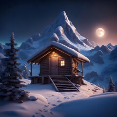 Illuminated Hut in Snowy Mountain Landscape Under Starry Night Sky ai generated 