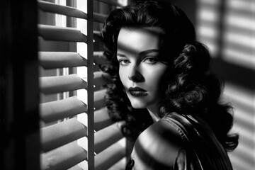 Monochrome film noir portrait of a young attractive femme fatale with long dark hair standing next to window blinds