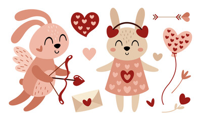 Valentines day clipart. Valentines animals in cartoon flat style. Kids Valentines illustration.