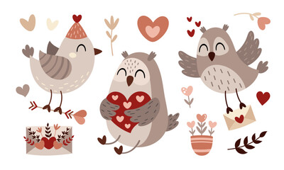 Valentines day clipart. Valentines animals in cartoon flat style. Kids Valentines illustration.