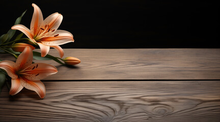 empty wooden table with lily flower lying on it without additional details