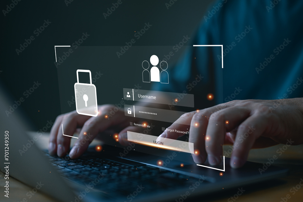 Aufkleber Cybersecurity and privacy concepts to protect data. Lock icon and internet network security technology. Businessman protecting personal information data on laptops, secure, password, privacy, access.