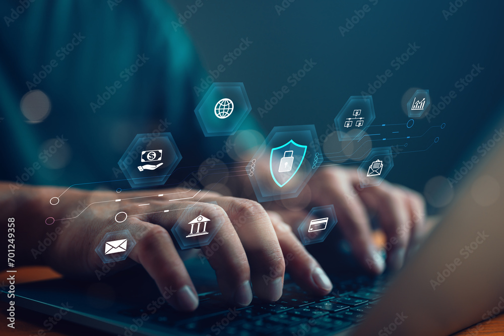 Poster Cybersecurity concept internet Global network security technology, business people protect personal data and information. Encryption with a padlock icon on virtual interface, privacy, safety, cloud