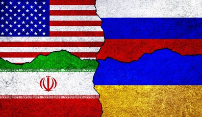 Flags of USA, Russia, Ukraine and Iran on a wall. United States of America, Ukraine, Russia and Iran flags together