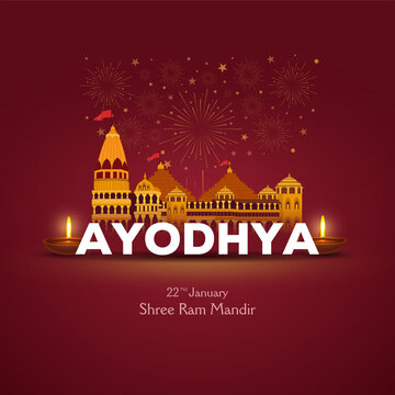 Vector illustration of religious background of Shri Ram Janmbhoomi Teerth Kshetra Ram Mandir Temple in Ayodhya birth place Lord Rama. 22nd january consecration ceremony 