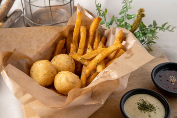 French fries, cheese ball, hot dog, chicken mayo, cup rice, kimchi cheese fried rice