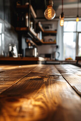 Modern Kitchen with Wood Table Top and Blur Bokeh Background, Perfect for Product Montage and Banner Design