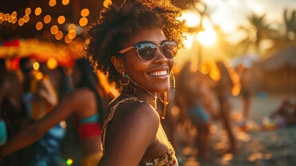 Young Woman Dancing Joyfully at a Beach Party