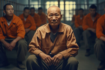 Photo of an elderly Asian male in his 65s, serving a life sentence, sitting quietly in the common area of the prison, with other inmates and guards in the background