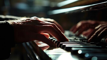Dynamic Angle Hands Striking Piano Keys