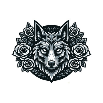 Dark Elegance Wolf Rose Tattoo Vector