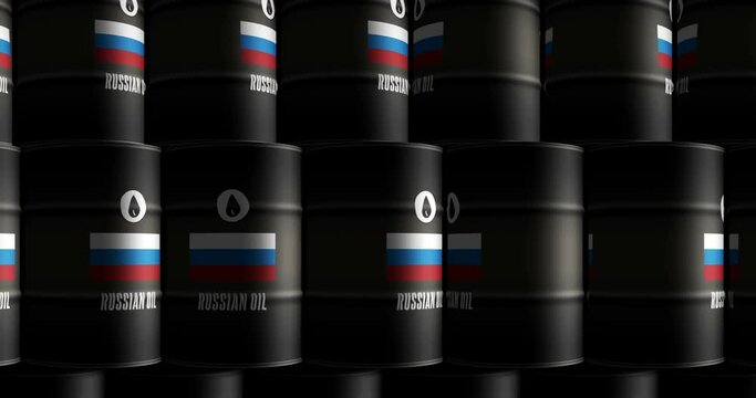 Russian petrol business and fuel extraction barrels in row seamless and loopable concept. Dangerous caution industrial containers.