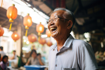 Happy asian grandpa laughing cheerfully enjoying his happy life