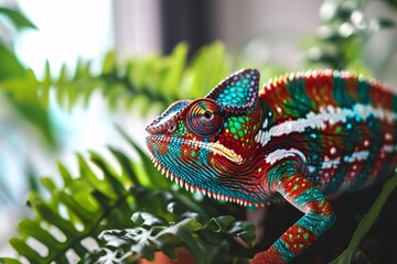 Close up of a bright colorful chameleon sits on a branch on a blurred background. Wildlife, cute and adorable exotic pet. Animal world. 