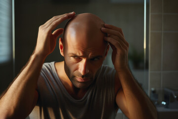 Photography of a 40-year-old Caucasian man examining his receding hairline in the mirror, bathroom setting, visible concern on his face