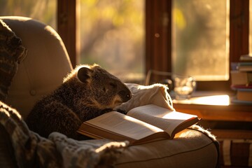 Groundhog reading a book in the sun on a couch. Cozy home library. Education concept. Funny wildlife photography. Adorable, cute exotic pet - obrazy, fototapety, plakaty