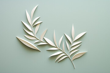 Nature, environment, graphic resources concept. Simple and minimalist floral cut paper art on plain background with copy space. Soft muted pastel colors. Leaf, flower or tree twig gutted from paper