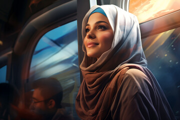 Jeune femme voilée paisible et heureuse debout dans le métro, portrait de citadins vivant dans la ville