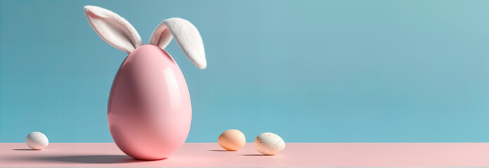 HAPPY EASTER! Creative easter egg with rabbit ears on it.  Minimalistic look. Banner, backdrop or wallpaper use. Made with AI.