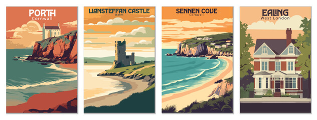 Vintage Travel Posters Set: Llansteffan Castle, Wales, Ealing, West London, Sennen Cove, Cornwall, Porth, Cornwall - Vector Art for Famous Tourist Destinations - obrazy, fototapety, plakaty