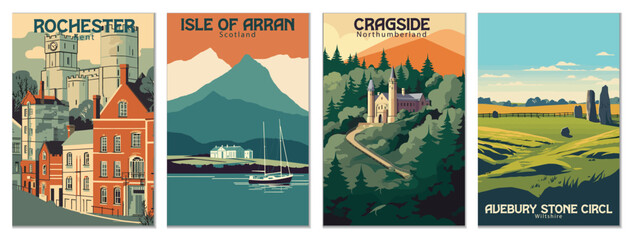 Vintage Travel Posters Set: Rochester, Kent, Cragside, Northumberland, Avebury Stone Circle, Wiltshire, Isle Of Arran, Scotland - Vector Art for Famous Tourist Destinations - obrazy, fototapety, plakaty