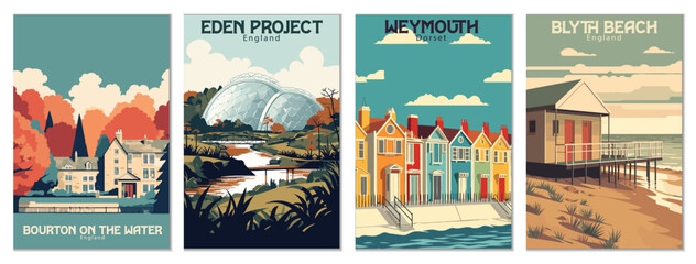 Vintage Travel Posters Set: Bourton On The Water, England, Blyth Beach, England, Weymouth, Dorset, Eden Project, England - Vector Art for Famous Tourist Destinations - obrazy, fototapety, plakaty