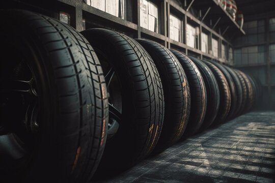 Tires and wheels stored in a warehouse at a tire shop. Generative AI