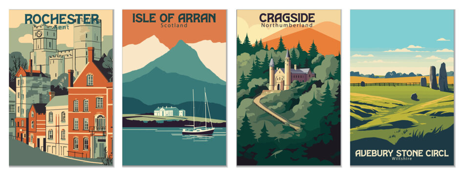 Vintage Travel Posters Set: Rochester, Kent, Cragside, Northumberland, Avebury Stone Circle, Wiltshire, Isle Of Arran, Scotland - Vector Art for Famous Tourist Destinations
