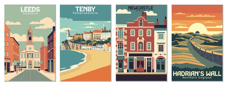 Vintage Travel Posters Set: Leeds, Yorkshire, Hadrian's Wall, Northern England, Newcastle, England, Tenby, Pembrokeshire - Vector Art for Famous Tourist Destinations