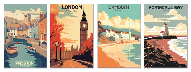 Vintage Travel Posters Set: Padstow, Cornwall, Porthcawl Bay, Wales, Exmouth, Devon, London, England - Vector Art for Famous Tourist Destinations - obrazy, fototapety, plakaty