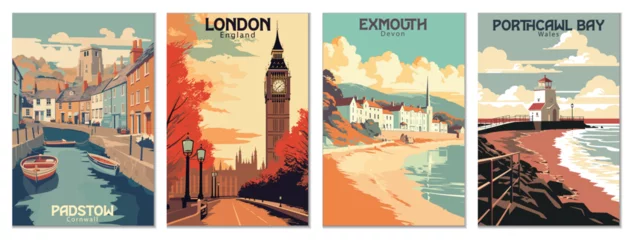 Fensteraufkleber Vintage Travel Posters Set: Padstow, Cornwall, Porthcawl Bay, Wales, Exmouth, Devon, London, England - Vector Art for Famous Tourist Destinations © ImageDesigner