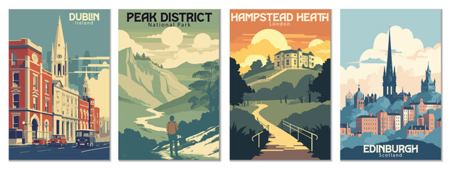 Fototapeta premium Vintage Travel Posters Set: Dublin, Ireland, Edinburgh, Scotland, Hampstead Heath, London, Peak District, National Park - Vector Art for Famous Tourist Destinations