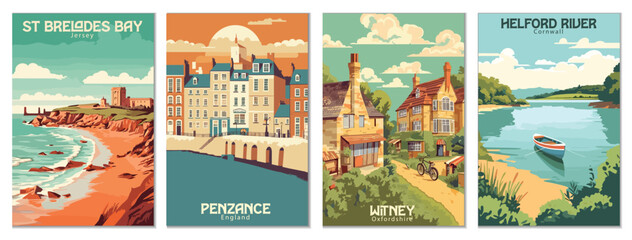 Vintage Travel Posters Set: St Brelade's Bay, Jersey, Helford River, Cornwall, Witney, Oxfordshire, Penzance, England - Vector Art for Famous Tourist Destinations