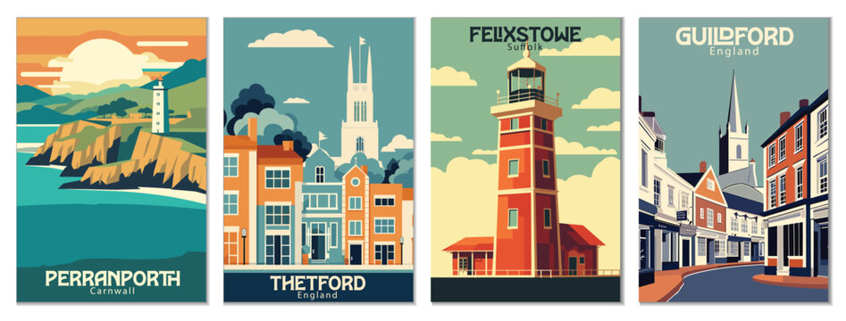 Vintage Travel Posters Set: Perranporth, Cornwall, Guildford, England, Felixstowe, Suffolk, Thetford, England - Vector Art for Famous Tourist Destinations