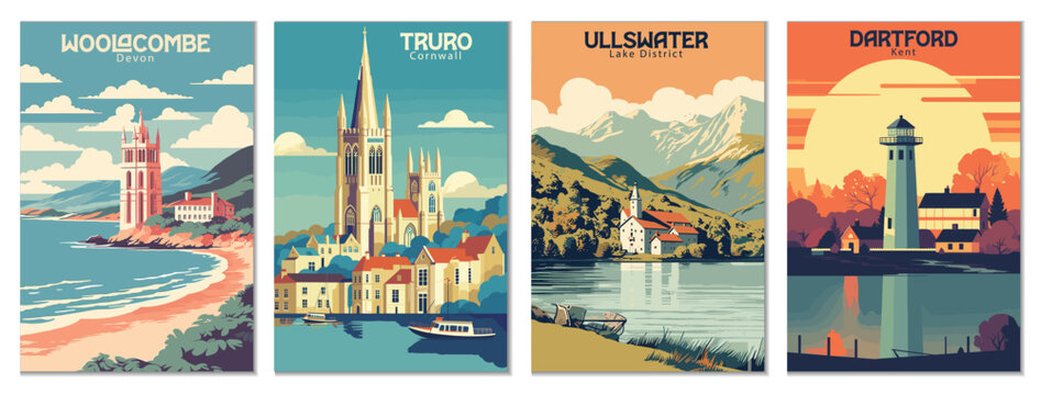 Vintage Travel Posters Set: Woolacombe, Devon, Dartford, Kent, Ullswater, Lake District, Truro, Cornwall - Vector Art for Famous Tourist Destinations