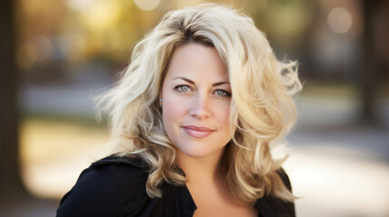 Obraz premium Portrait of smiling blond 45 yo mid age woman outdoors, hair fluttering in the wind