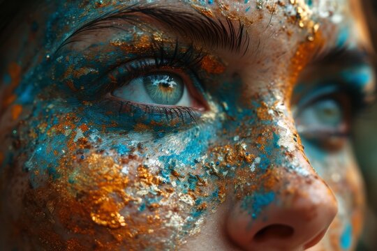 A close-up photo of a girl's eyes during Holi in India.